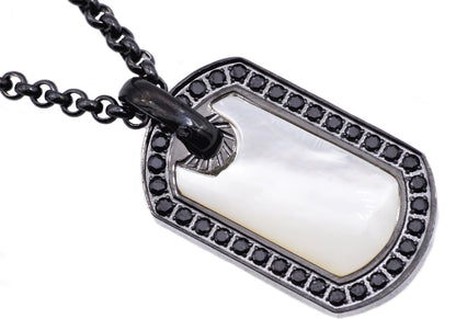 Mens Genuine Mother Of Pearl Black Stainless Steel Dog Tag Pendant With Black Cubic Zirconia