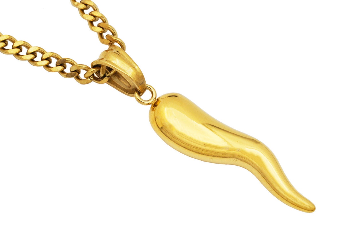 Mens Small Gold Stainless Steel Italian Horn Pendant