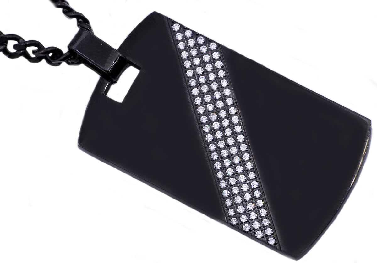 Mens Black Plated Stainless Steel Dog Tag Pendant With Cubic Zirconia
