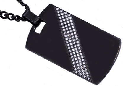 Mens Black Plated Stainless Steel Dog Tag Pendant With Cubic Zirconia