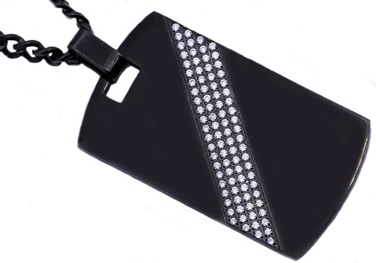 Mens Black Plated Stainless Steel Dog Tag Pendant With Cubic Zirconia