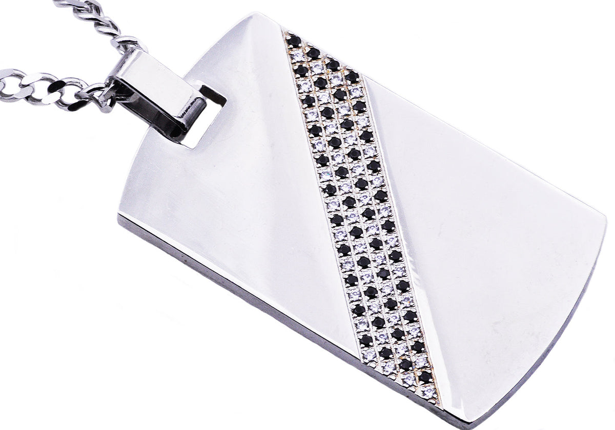 Mens Stainless Steel Dog Tag Pendant With Black Cubic Zirconia