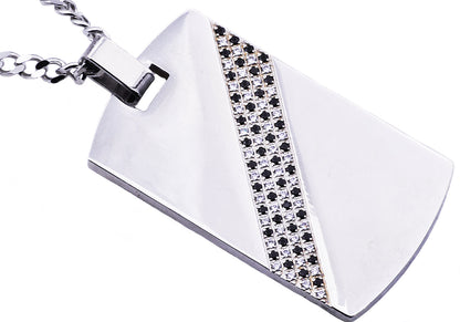 Mens Stainless Steel Dog Tag Pendant With Black Cubic Zirconia