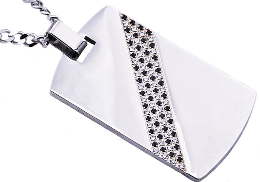 Mens Stainless Steel Dog Tag Pendant With Black Cubic Zirconia