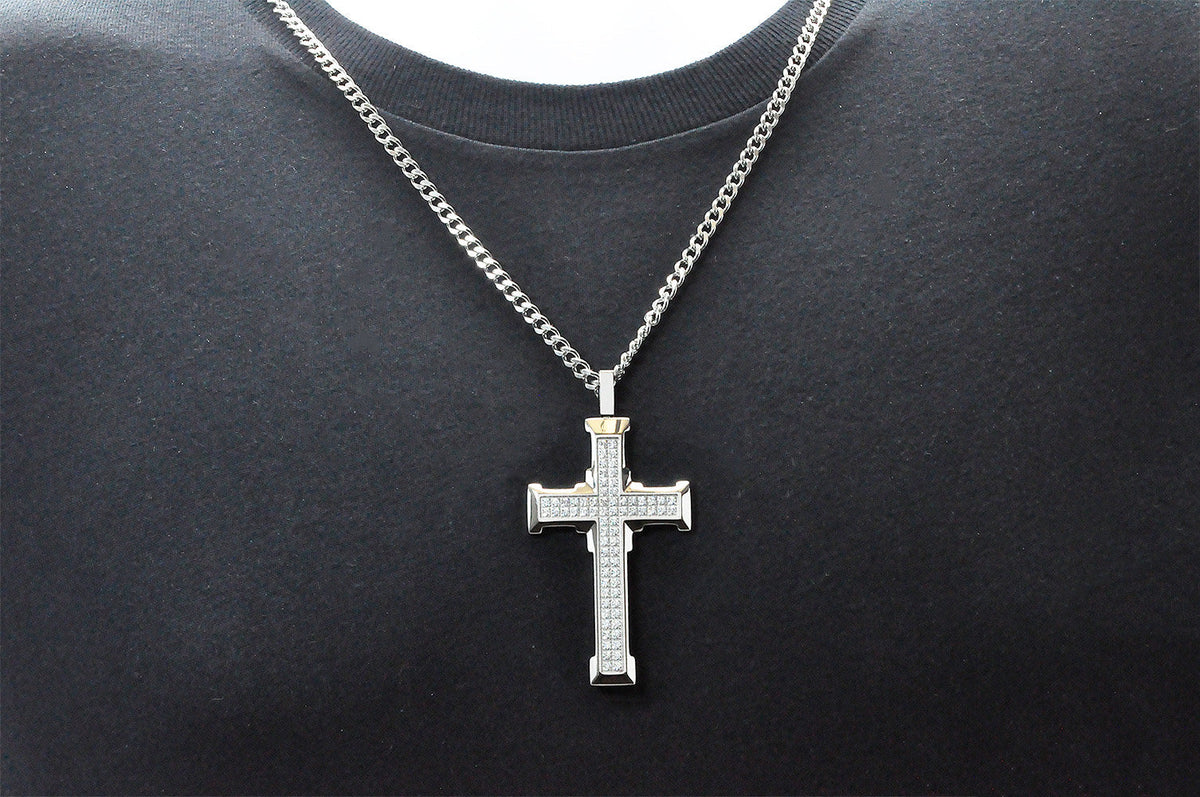 Mens Stainless Steel Cross Pendant With Cubic Zirconia