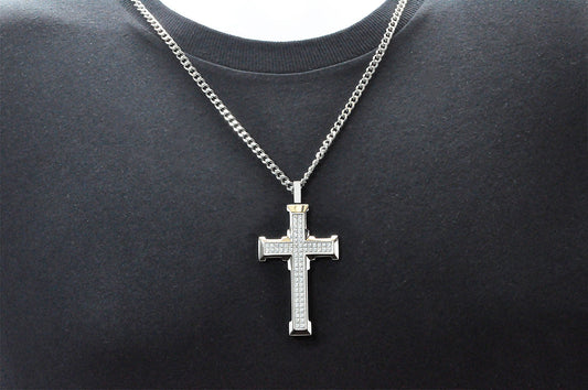 Mens Stainless Steel Cross Pendant With Cubic Zirconia