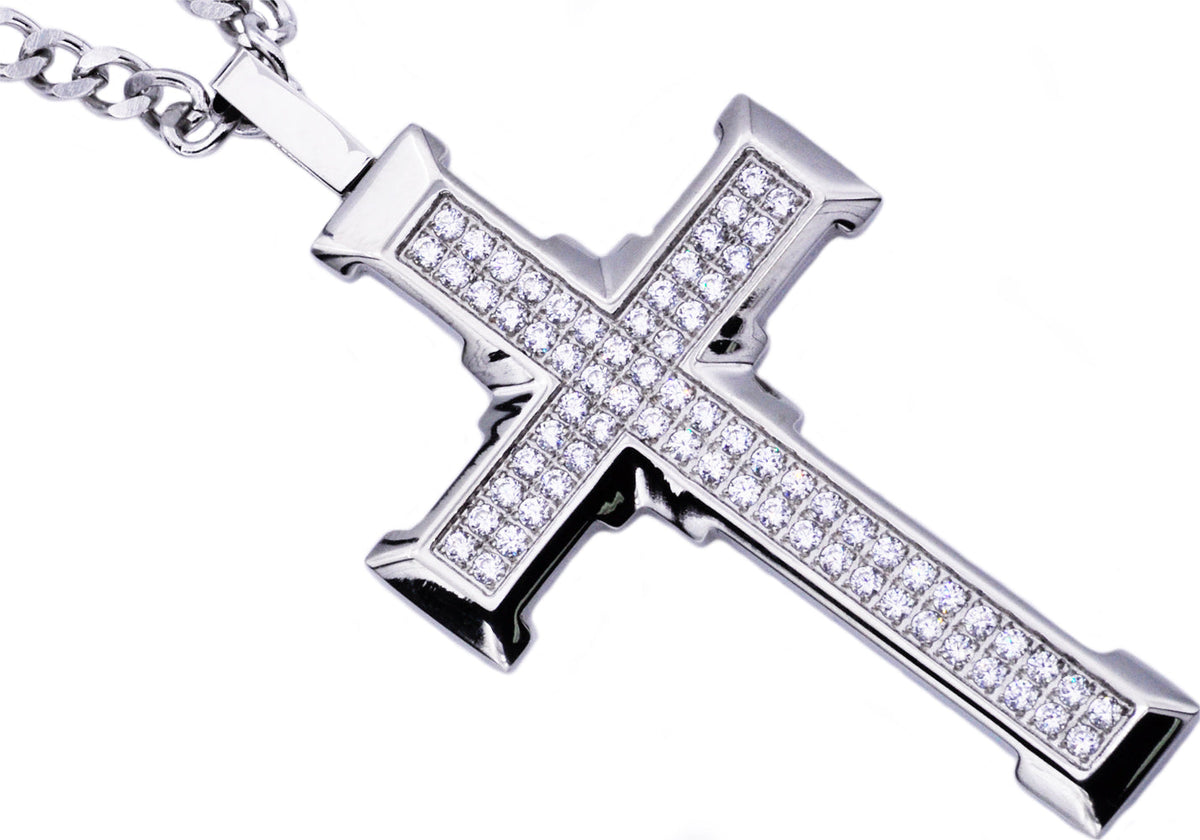 Mens Stainless Steel Cross Pendant With Cubic Zirconia