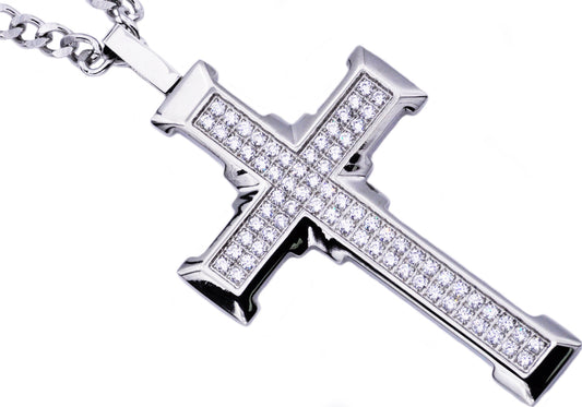 Mens Stainless Steel Cross Pendant With Cubic Zirconia
