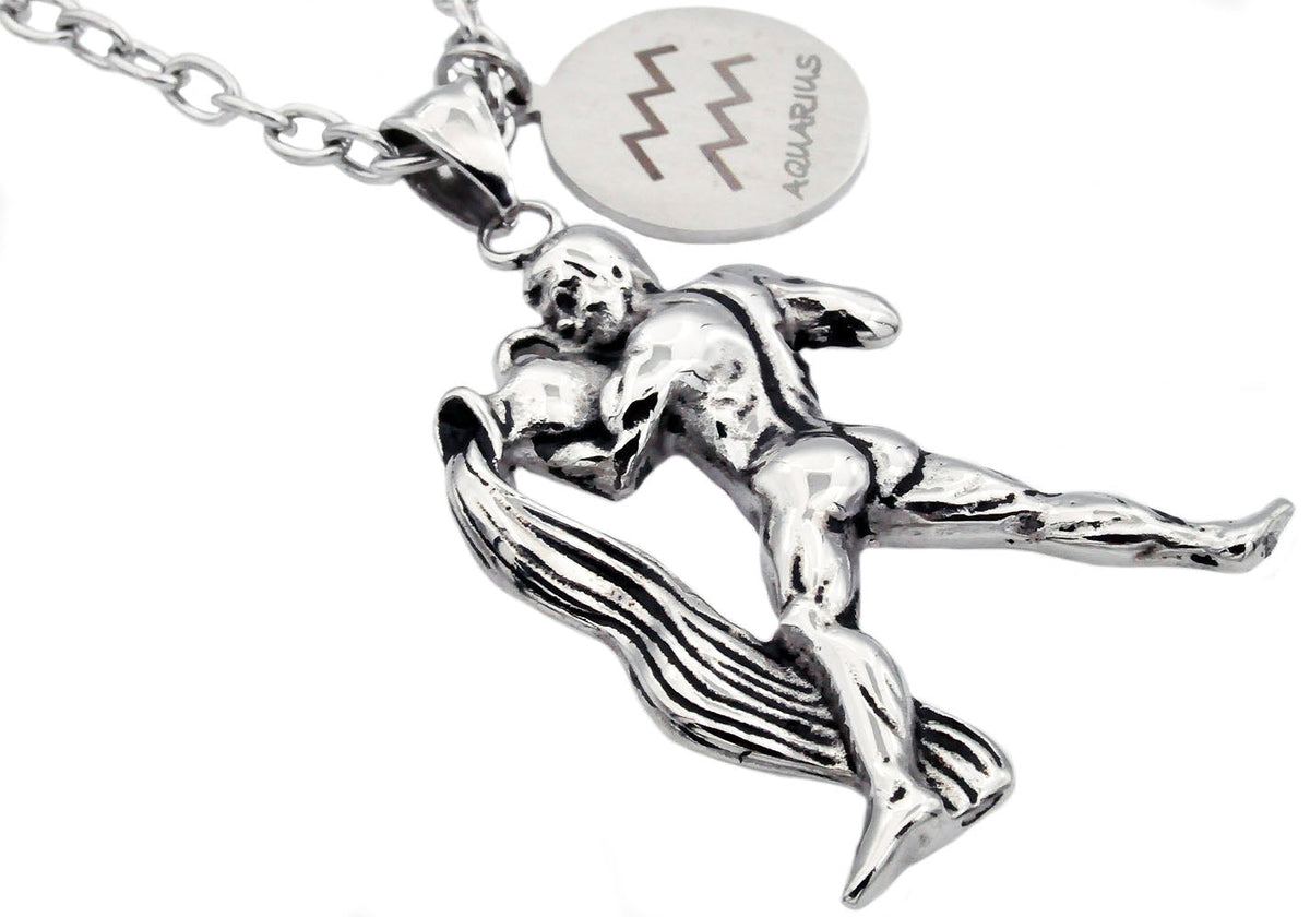 Mens Stainless Steel Zodiac Aquarius Pendant