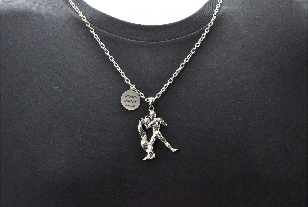 Mens Stainless Steel Zodiac Aquarius Pendant