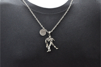 Mens Stainless Steel Zodiac Aquarius Pendant