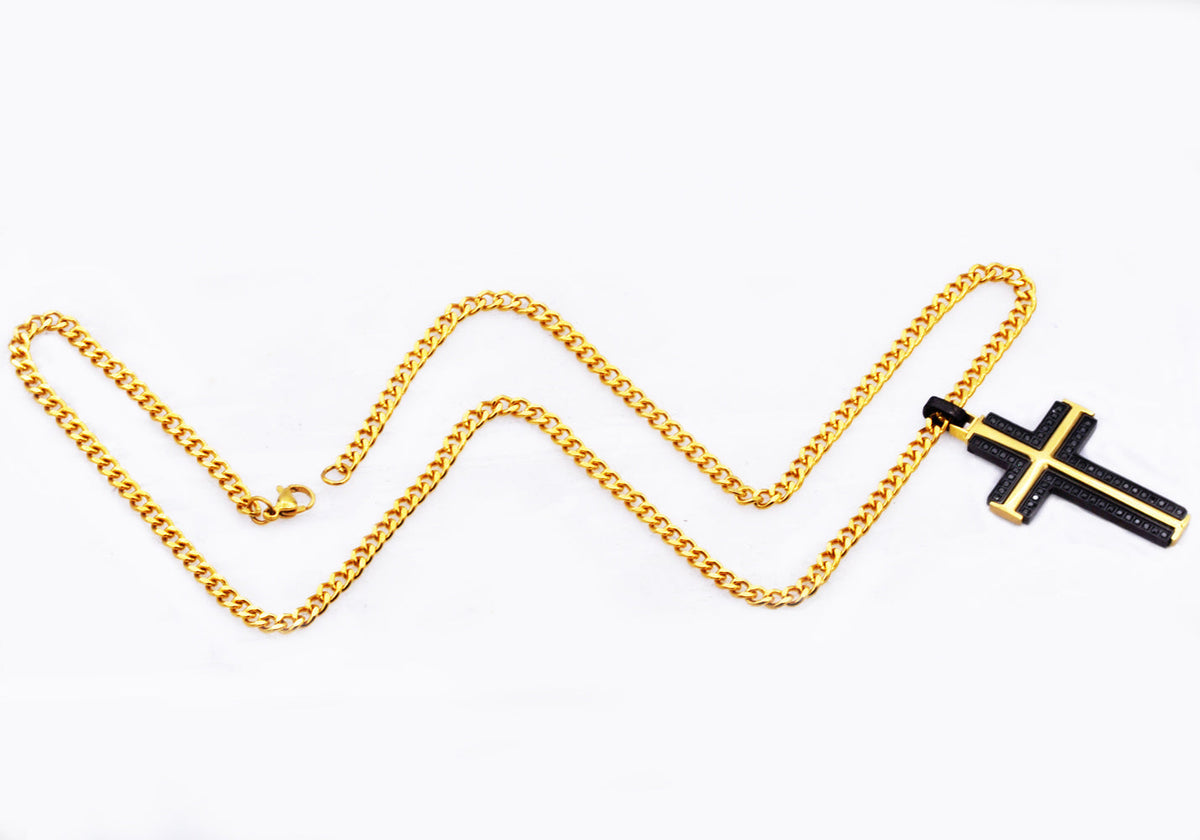 Mens Black And Gold Stainless Steel Cross Pendant Necklace With Black Cubic Zirconia