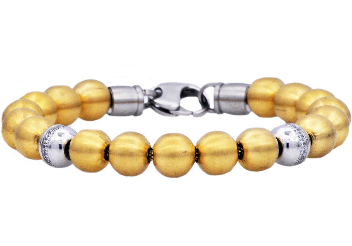 Mens Gold Stainless Steel Bead Bracelet With Cubic Zirconia