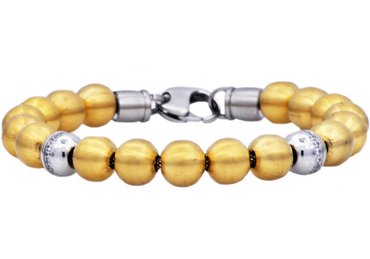 Mens Gold Stainless Steel Bead Bracelet With Cubic Zirconia
