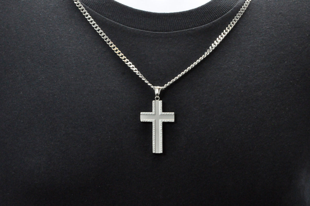 Mens Stainless Steel Cross Pendant With Cubic Zirconia