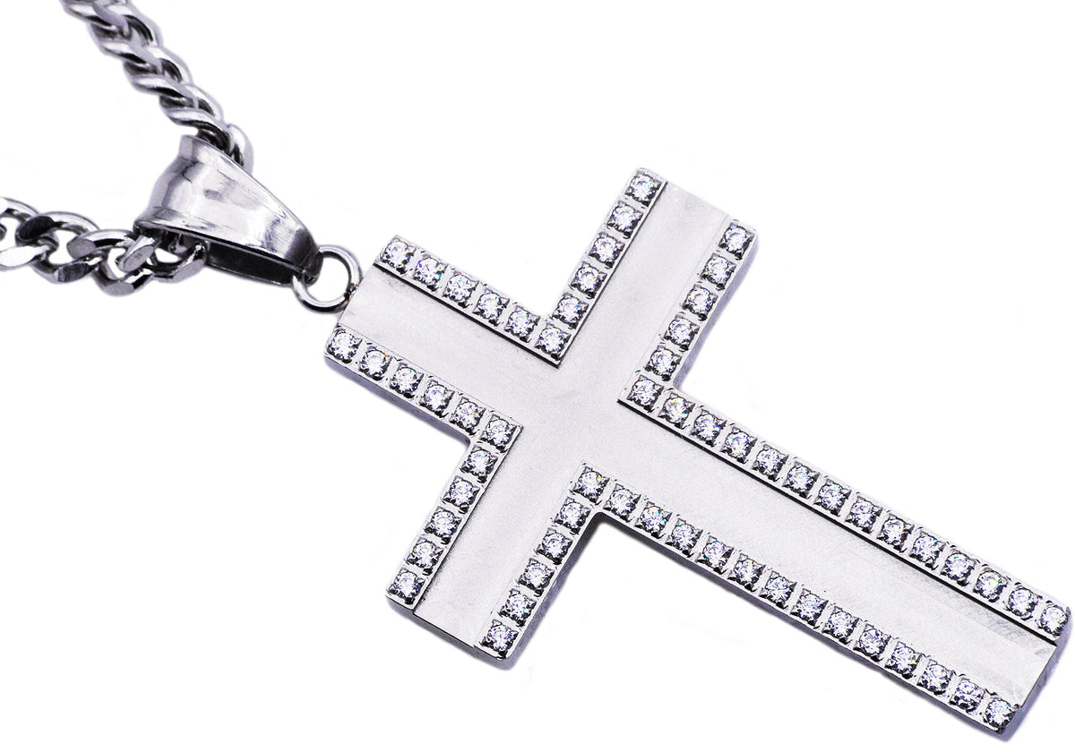 Mens Stainless Steel Cross Pendant With Cubic Zirconia
