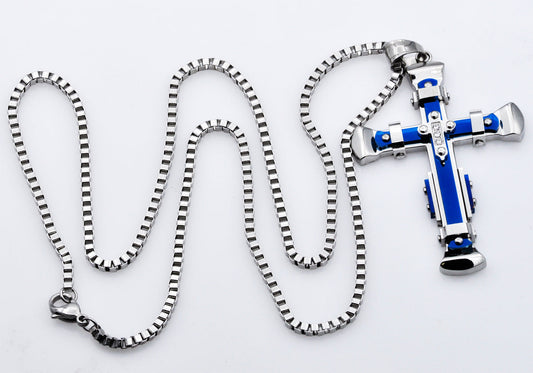 Mens Blue Stainless Steel Pendant With Cubic Zirconia