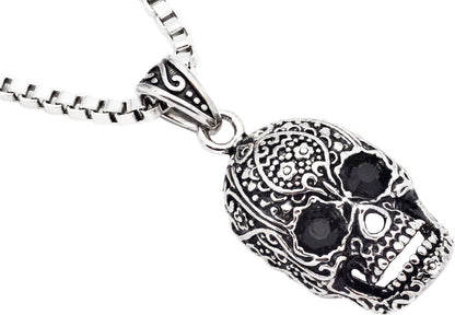 Mens Stainless Steel Skull Pendant With Black Cubic Zirconia
