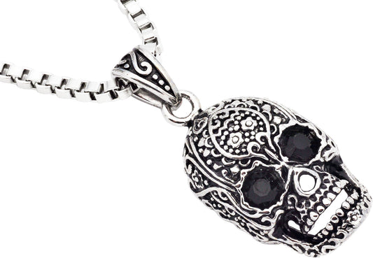 Mens Stainless Steel Skull Pendant With Black Cubic Zirconia
