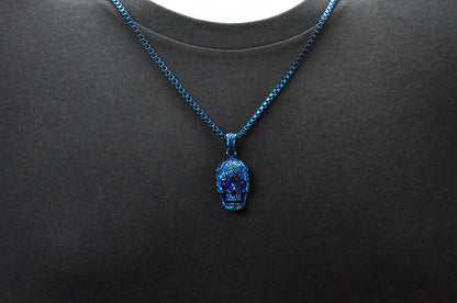 Mens Blue Stainless Steel Skull Pendant With Black Cubic Zirconia