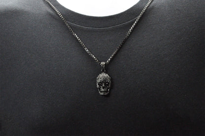 Mens Black Stainless Steel Skull Pendant With Black Cubic Zirconia
