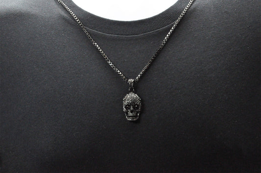 Mens Black Stainless Steel Skull Pendant With Black Cubic Zirconia