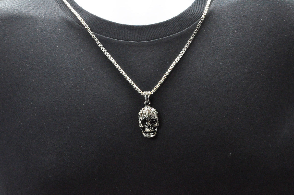 Mens Stainless Steel Skull Pendant With Black Cubic Zirconia