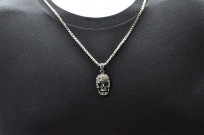 Mens Stainless Steel Skull Pendant With Black Cubic Zirconia