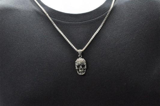 Mens Stainless Steel Skull Pendant With Black Cubic Zirconia
