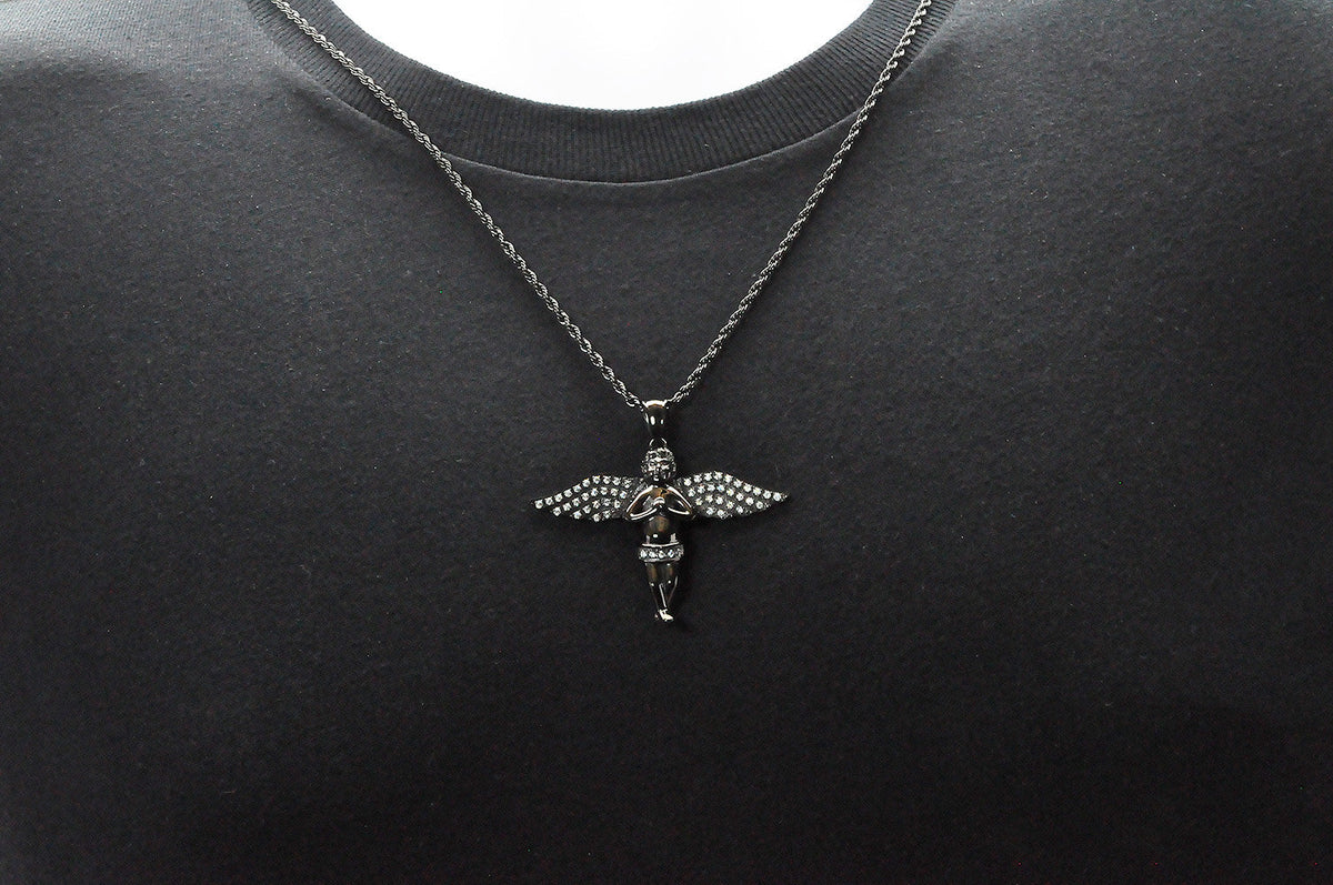 Mens Black Stainless Steel Angel Pendant Necklace With Cubic Zirconia