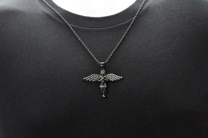 Mens Black Stainless Steel Angel Pendant Necklace With Cubic Zirconia