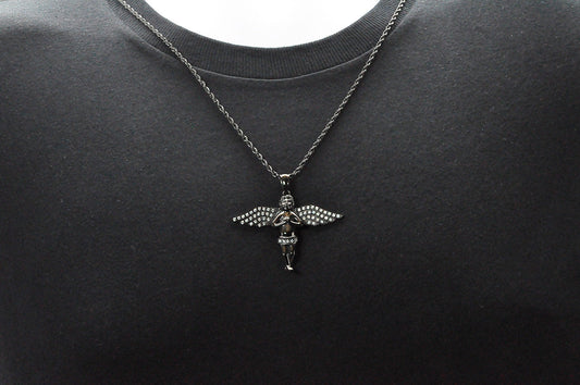 Mens Black Stainless Steel Angel Pendant Necklace With Cubic Zirconia