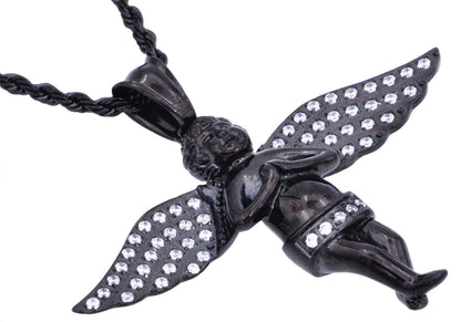 Mens Black Stainless Steel Angel Pendant Necklace With Cubic Zirconia