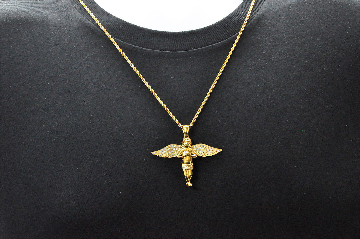 Mens Gold Stainless Steel Cherub Pendant WIth Cubic Zirconia