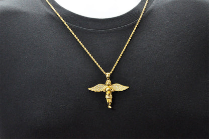 Mens Gold Stainless Steel Cherub Pendant WIth Cubic Zirconia