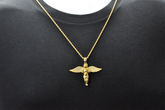 Mens Gold Stainless Steel Cherub Pendant WIth Cubic Zirconia