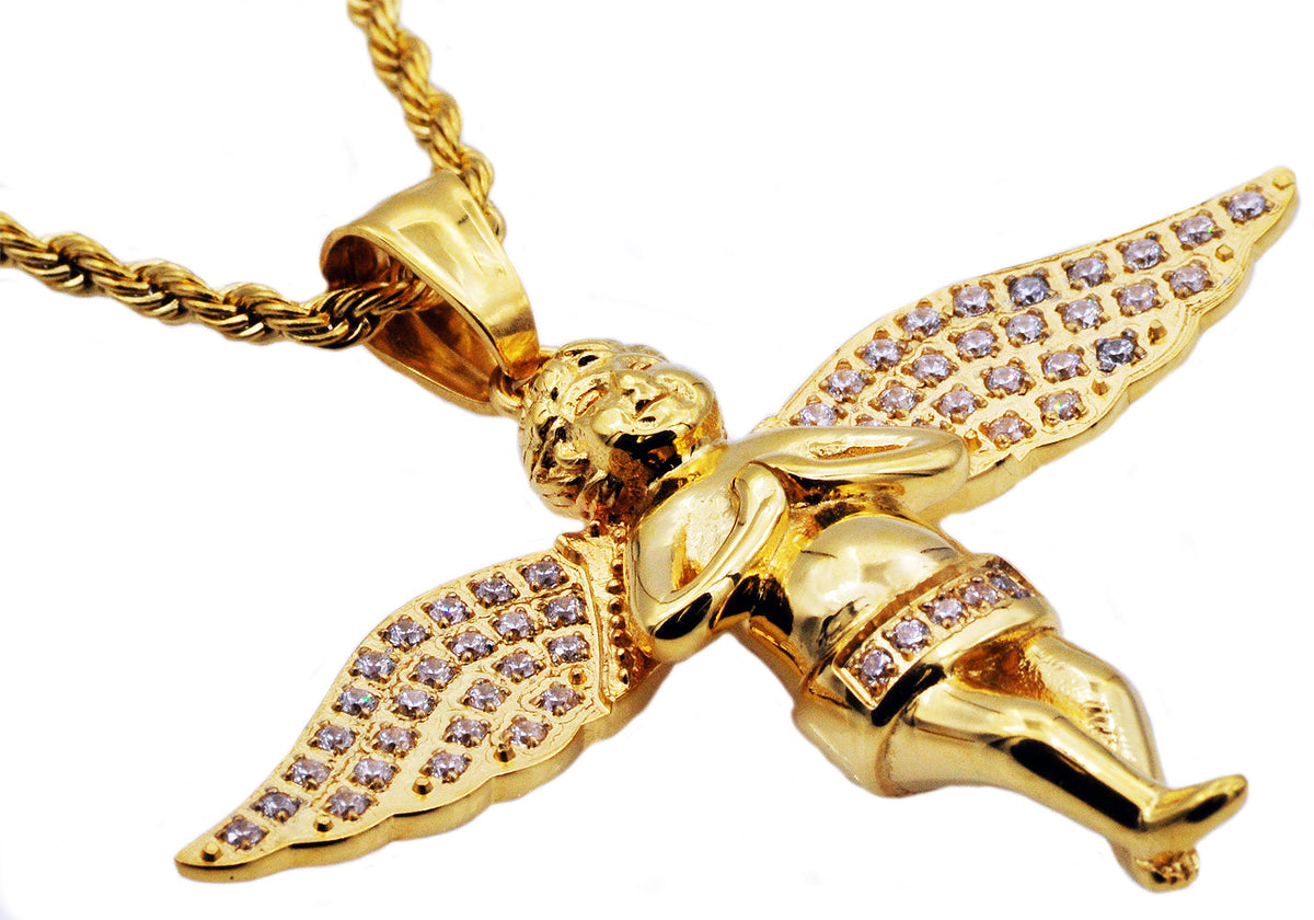 Mens Gold Stainless Steel Cherub Pendant WIth Cubic Zirconia