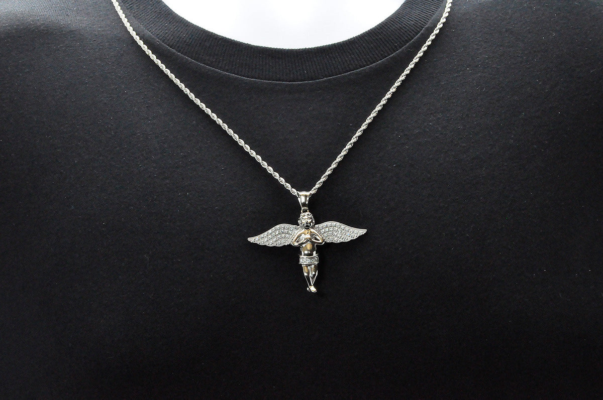 Mens Stainless Steel Cherub Pendant With Cubic Zirconia