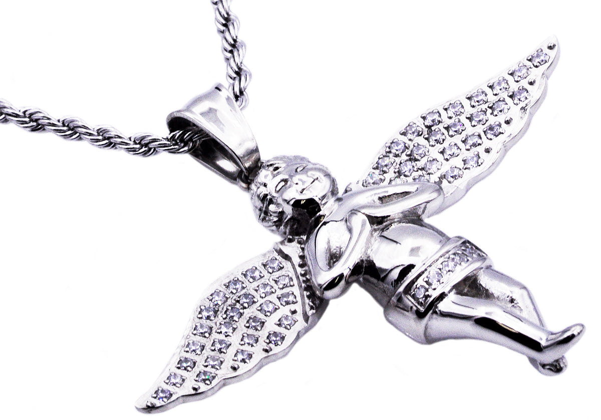 Mens Stainless Steel Cherub Pendant With Cubic Zirconia