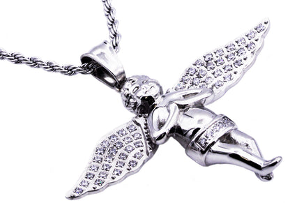 Mens Stainless Steel Cherub Pendant With Cubic Zirconia