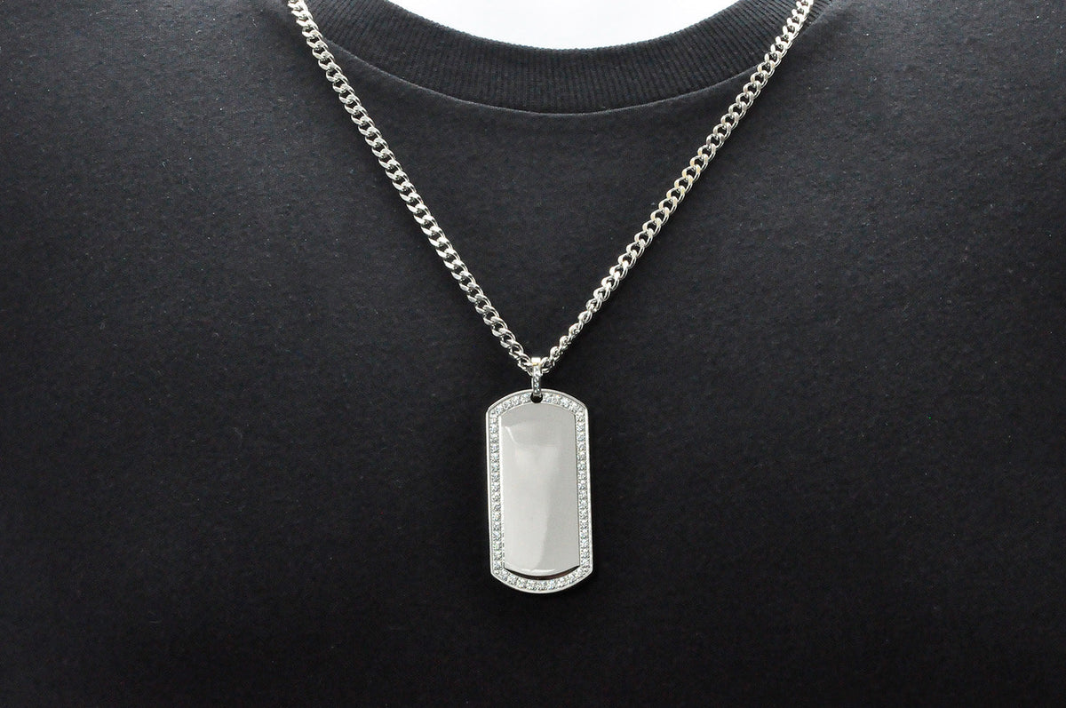 Mens Stainless Steel Dog Tag Pendant With Cubic Zirconia