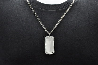 Mens Stainless Steel Dog Tag Pendant With Cubic Zirconia