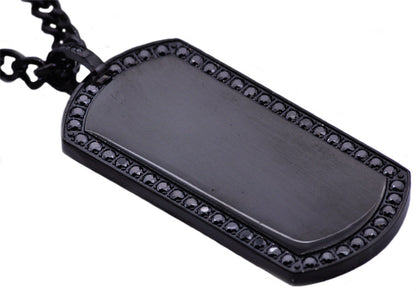 Mens Black Plated Stainless Steel Dog Tag Pendant With Black Cubic Zirconia