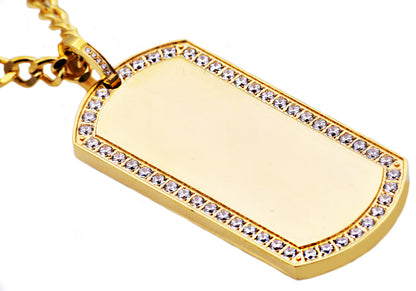 Mens Gold Stainless Steel Dog Tag Pendant With Cubic Zirconia