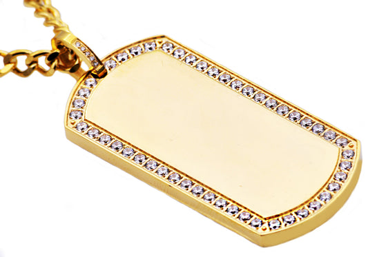 Mens Gold Stainless Steel Dog Tag Pendant With Cubic Zirconia