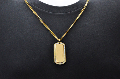 Mens Gold Stainless Steel Dog Tag Pendant With Cubic Zirconia