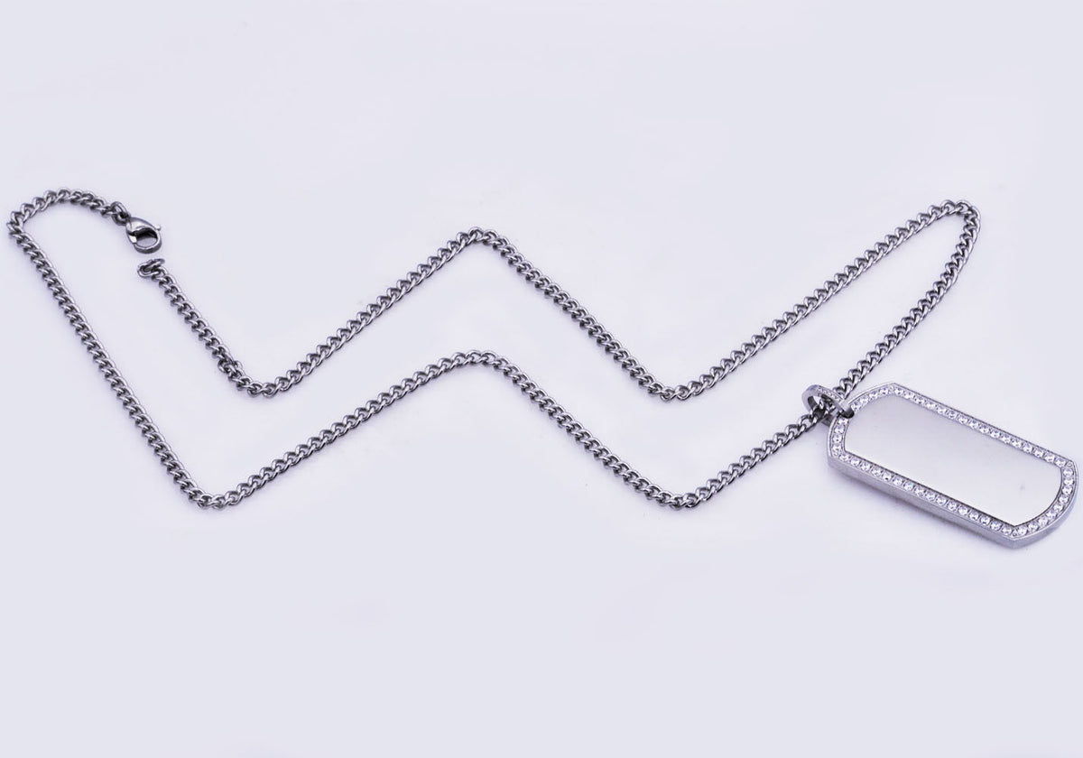 Mens Stainless Steel Dog Tag Pendant With Cubic Zirconia