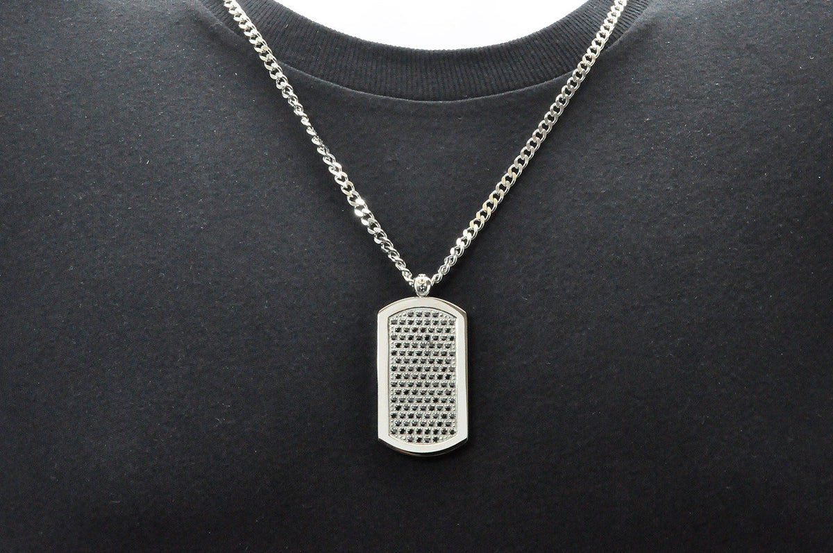 Mens Stainless Steel Dog Tag Pendant With Black Cubic Zirconia