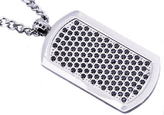 Mens Stainless Steel Dog Tag Pendant With Black Cubic Zirconia