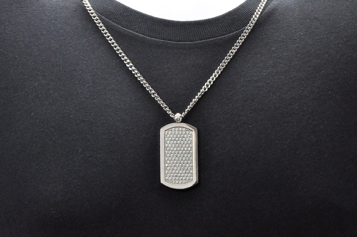Mens Stainless Steel Dog Tag Pendant With Cubic Zirconia